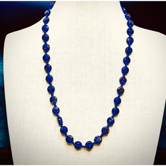 Art Glass Necklace Cobalt Blue Speckled Pressed Disc Style and Seed Beads 20" - Picture 3 of 10